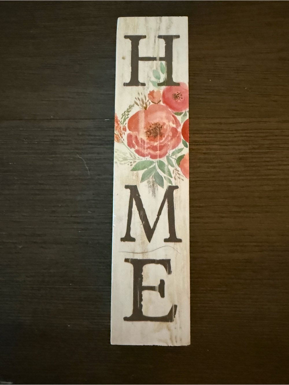 Floral 'HOME' Vertical Wooden shelf Sign - Pink Roses